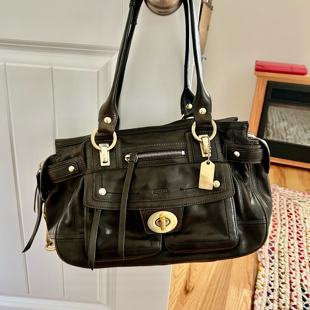 Coach Hampton Lindsay Chocolate Brown Leather Shoulder Bag with Gold Accents